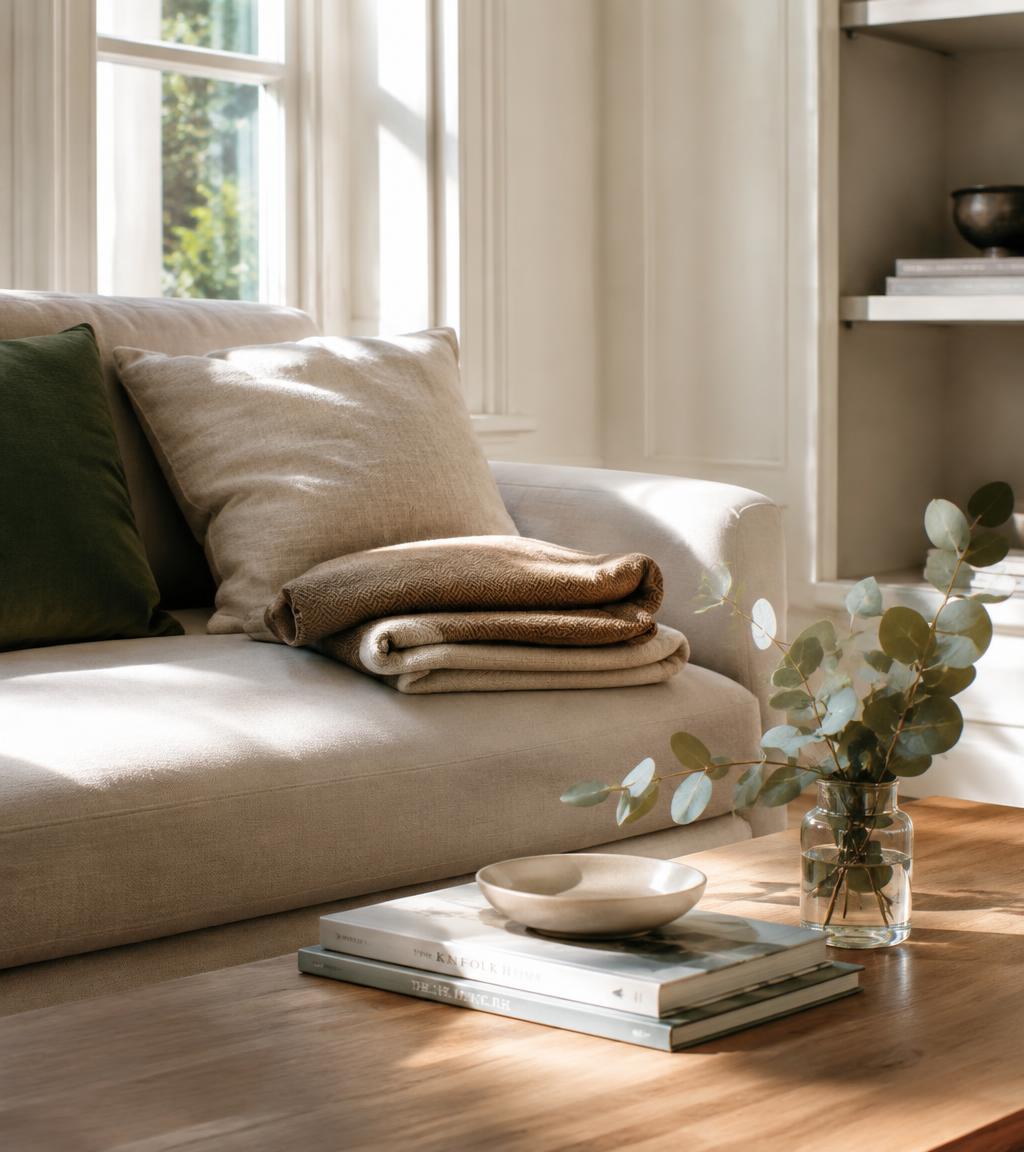 Sunlit, freshly cleaned living room
